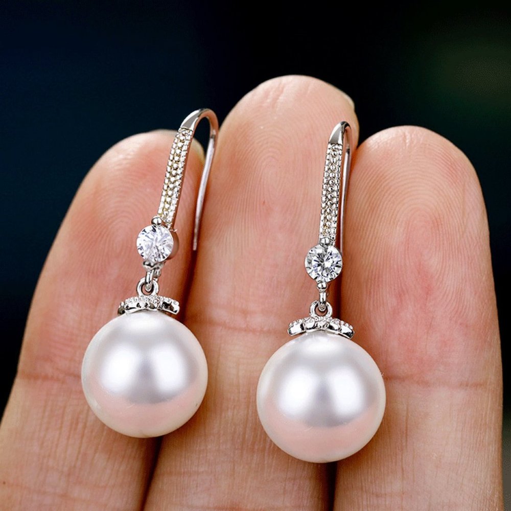 NEW Silver Round Diamond Pearl Drop Hook Earrings - Picture 4 of 5